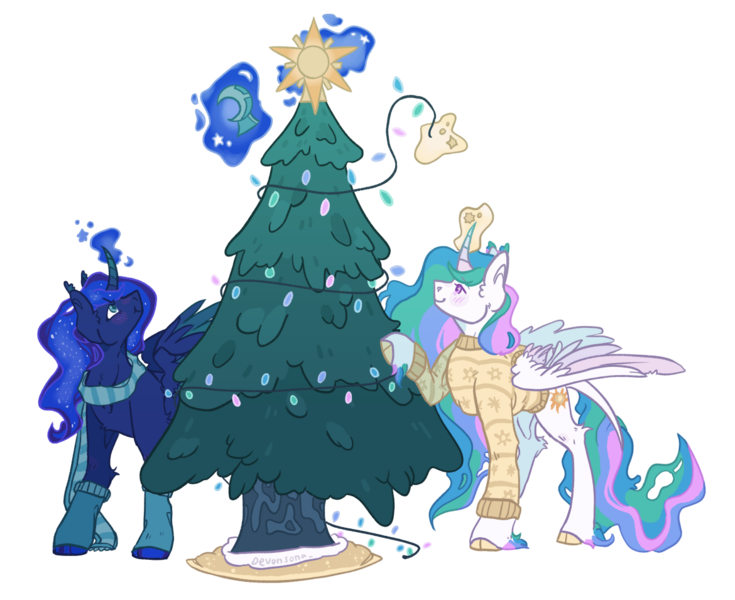 Size: 1170x955 | Tagged: safe, artist:devondraws, derpibooru import, princess celestia, princess luna, alicorn, pony, christmas, clothes, holiday, image, magic, png, simple background, telekinesis, transparent background