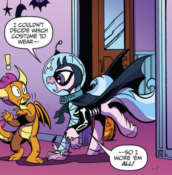 Size: 750x765 | Tagged: safe, artist:andypriceart, derpibooru import, idw, silverstream, smolder, dragon, hippogriff, spoiler:comic, spoiler:comic71, clothes, costume, duo, emanata, female, g4, image, jpeg, nightmare night costume, teenaged dragon