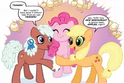 Size: 1125x750 | Tagged: safe, artist:carla speed mcneil, derpibooru import, idw, applejack, pinkie pie, toffee truffle, earth pony, pony, friends forever, spoiler:comic, spoiler:comicff01, blue ribbon, dialogue, female, g4, image, jpeg, mare, speech bubble, trio