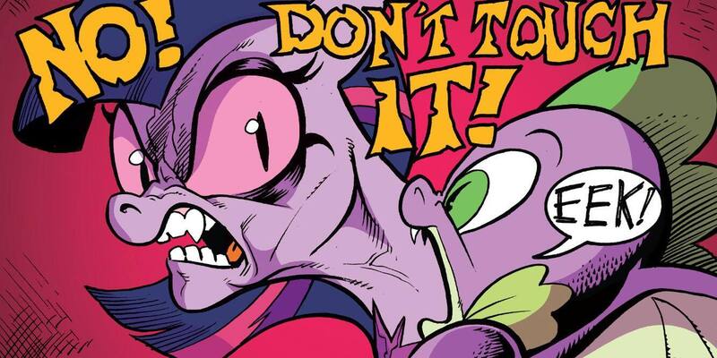 Size: 1334x667 | Tagged: safe, artist:andypriceart, derpibooru import, idw, cosmos (character), spike, twilight sparkle, twilight sparkle (alicorn), alicorn, dragon, pony, spoiler:comic, spoiler:comic75, baby, baby dragon, cosmos (arc), dialogue, duo, female, g4, image, jpeg, male, mare, possessed, speech bubble, winged spike, wings, you know for kids