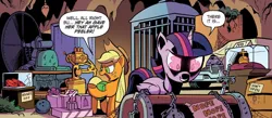 Size: 1334x584 | Tagged: safe, artist:andypriceart, derpibooru import, idw, applejack, cosmos (character), twilight sparkle, twilight sparkle (alicorn), alicorn, earth pony, pony, spoiler:comic, spoiler:comic76, cosmos (arc), dialogue, duo, female, g4, image, jpeg, mare, possessed, speech bubble
