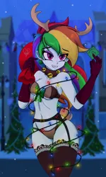 Size: 1800x3000 | Tagged: suggestive, artist:dibujoschidosdelabad, derpibooru import, rainbow dash, deer, reindeer, equestria girls, animal costume, antlers, bra, christmas, christmas lights, clothes, condom, costume, evening gloves, eyeshadow, gloves, holiday, image, lingerie, long gloves, makeup, panties, png, reindeer costume, reindeer dash, sack, sexy, socks, stockings, thigh highs, underwear