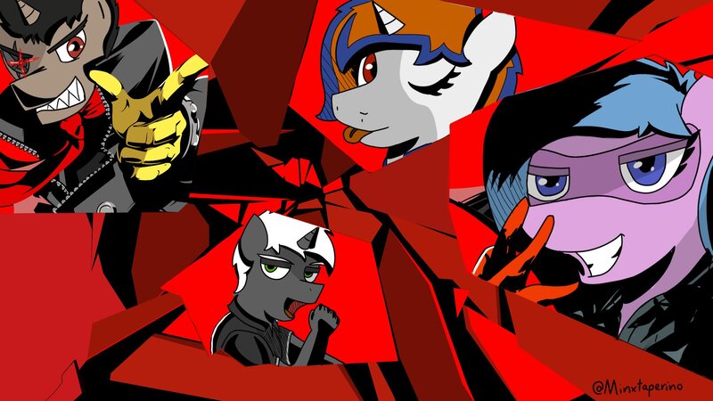 Size: 1920x1080 | Tagged: safe, artist:minxtaperino, derpibooru import, oc, oc:fading, oc:julia minx, oc:jun yule, anthro, pony, unicorn, image, jpeg, persona 5