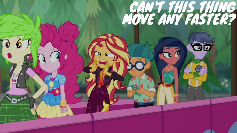 Size: 1280x720 | Tagged: safe, derpibooru import, edit, edited screencap, editor:quoterific, screencap, cherry crash, desert sage, microchips, pinkie pie, sunset shimmer, equestria girls, equestria girls series, sunset's backstage pass!, spoiler:eqg series (season 2), image, png