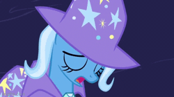Size: 360x202 | Tagged: safe, derpibooru import, screencap, trixie, pony, unicorn, magic duel, season 3, animated, cape, clothes, eyes closed, gif, hat, head down, image, moving, open mouth, sad, solo, stars, trixie's cape, trixie's hat