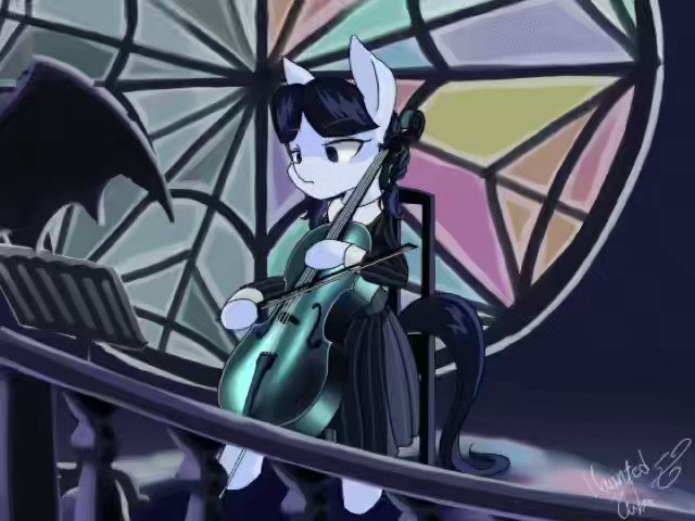 Size: 640x480 | Tagged: safe, artist:hauntedtuba, derpibooru import, ponified, earth pony, pony, bow (instrument), cello, clothes, dress, image, jpeg, musical instrument, solo, wednesday addams