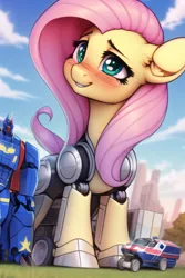 Size: 512x768 | Tagged: safe, derpibooru import, editor:giantpony, machine learning generated, novelai, stable diffusion, fluttershy, cyborg, cyborg pony, pegasus, pony, blushing, cute, daaaaaaaaaaaw, female, floppy ears, giant pony, giantess, image, macro, macro/micro, png, robot in disguise, shyabetes, transformers