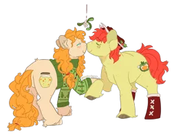 Size: 1074x839 | Tagged: safe, artist:devondraws, derpibooru import, bright mac, pear butter, earth pony, pony, boop, boots, brightbutter, clothes, duo, female, hat, image, male, mistletoe, noseboop, png, shipping, shoes, simple background, straight, sweater, transparent background