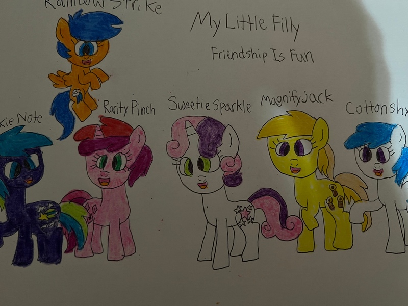 Size: 4032x3024 | Tagged: safe, artist:sillylittleprincess, derpibooru import, aura (character), cotton cloudy, first base, noi, ruby pinch, sweetie belle, earth pony, pegasus, pony, unicorn, adorabase, alternate mane six, alternate universe, aurabetes, cottonbetes, cute, cutie mark, diasweetes, female, filly, first base can fly, flying, foal, g4, image, jpeg, noiabetes, open mouth, open smile, pegasus first base, pinchybetes, race swap, raised hoof, raised leg, simple background, smiling, traditional art, white background