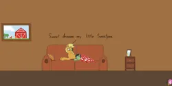 Size: 1639x828 | Tagged: safe, derpibooru import, applejack, oc, oc:green, earth pony, pony, unicorn, derpibooru, fanfic, artistnismorose, chest fluff, couch, cowboy hat, cuddling, cute, drawer, ear fluff, family photo, fanfic art, fanfic in the description, female, filly, foal, g4, hat, horn, image, inside, jpeg, link in description, living room, lying down, mare, meta, mother and daughter-in-law, motherly love, photo, sleeping, speech bubble, tags, text, youtube link