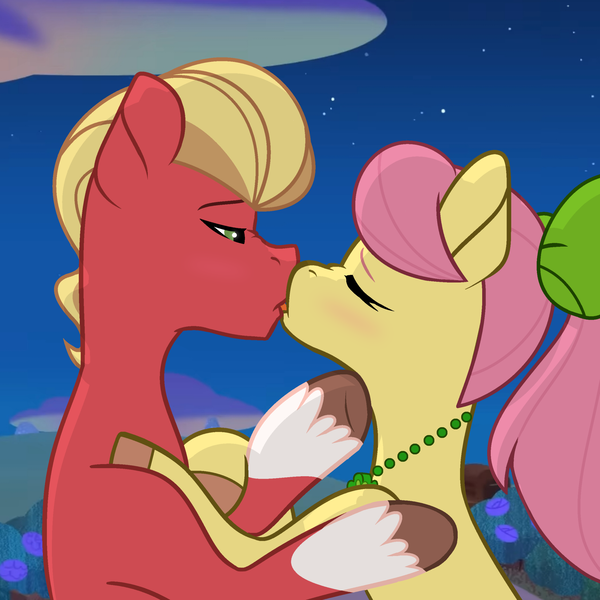 Size: 1920x1920 | Tagged: safe, artist:grapefruit-face, derpibooru import, posey (g5), sprout cloverleaf, earth pony, pony, base used, blushing, bow, derpibooru exclusive, duo, eyes closed, female, g5, hair bow, image, jewelry, kissing, lidded eyes, male, necklace, night, outdoors, png, poseysprout, shipping, sprosey, straight, tongue out