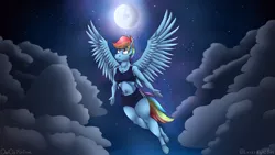 Size: 3840x2160 | Tagged: safe, artist:owloffortune, derpibooru import, rainbow dash, anthro, pegasus, unguligrade anthro, breasts, clothes, cloud, flying, image, moon, png, shorts, sky, solo, sports bra, sports shorts, wallpaper, wings