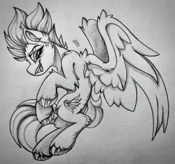 Size: 2956x2776 | Tagged: safe, artist:starcasteclipse, derpibooru import, spitfire, pegasus, pony, canon, female, flying, image, jpeg, open mouth, pencil drawing, sketch, smiling, solo, traditional art