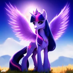 Size: 1024x1024 | Tagged: safe, derpibooru import, machine learning generated, purplesmart.ai, stable diffusion, twilight sparkle, twilight sparkle (alicorn), alicorn, pony, chest fluff, cute, ear fluff, female, image, jewelry, looking at you, majestic, png, regalia, solo, spread wings, subsurface scattering, twiabetes, wings