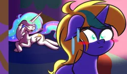 Size: 6150x3600 | Tagged: safe, artist:iceflower99, derpibooru import, princess celestia, oc, oc:buggy brush, unicorn, fanfic, blushing, celestia's bedroom, chest fluff, eyes closed, fanfic art, horn, image, laughing, lmao, lying down, missing accessory, png, shoulder fluff, unicorn oc