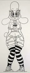 Size: 819x2000 | Tagged: safe, artist:spoopygirl, derpibooru import, anthro, sheep, them's fightin' herds, asdfmovie, beep beep, clothes, community related, female, image, jpeg, lineart, pom (tfh), shirt, shorts, socks, thigh highs, traditional art