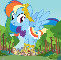 Size: 1280x1262 | Tagged: safe, derpibooru import, rainbow dash, pegasus, pony, alternate hairstyle, clothes, dress, female, gala dress, giant pegasus, giant pony, giant rainbow dash, giantess, image, macro, mare, mega giant, mega/giant rainbow dash, png, ponyville, solo, spread wings, wings