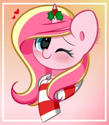 Size: 3272x3755 | Tagged: safe, artist:kittyrosie, derpibooru import, oc, oc:rosa flame, unofficial characters only, pony, unicorn, christmas, clothes, heart, heart eyes, holiday, horn, image, looking at you, one eye closed, png, scarf, unicorn oc, wingding eyes