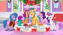 Size: 3072x1727 | Tagged: safe, derpibooru import, screencap, hitch trailblazer, izzy moonbow, pipp petals, sparky sparkeroni, sunny starscout, zipp storm, dragon, earth pony, pegasus, pony, unicorn, my little pony: tell your tale, spoiler:g5, spoiler:my little pony: tell your tale, spoiler:tyts01e40, :o, adorapipp, baby, baby dragon, cute, cutie mark, eyes closed, female, g5, glow, glowing cutie mark, grin, high res, image, jpeg, male, mane five (g5), mare, open mouth, open smile, secret canter, smiling, stallion, youtube link