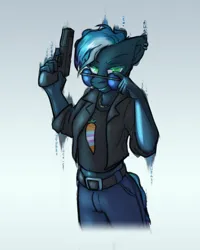 Size: 2000x2500 | Tagged: safe, artist:krd, derpibooru import, oc, oc:vitruvia, unofficial characters only, anthro, cyborg, cyborg pony, earth pony, pony, anthro oc, belt, clothes, ear piercing, earth pony oc, glasses, glow, glowing eyes, gun, handgun, image, jewelry, looking at you, necklace, piercing, pistol, png, pride, pride flag, simple background, the matrix, transgender pride flag, weapon, white background