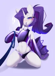 Size: 3003x4096 | Tagged: safe, artist:kebchach, derpibooru import, rarity, semi-anthro, unicorn, clothes, evening gloves, gloves, grin, hair in mouth, hoof gloves, image, latex, latex clothes, latex gloves, latex panties, latex top, leash, long gloves, looking at you, panties, pet play, png, raridom, smiling, solo, underwear, viewer on leash, wingding eyes