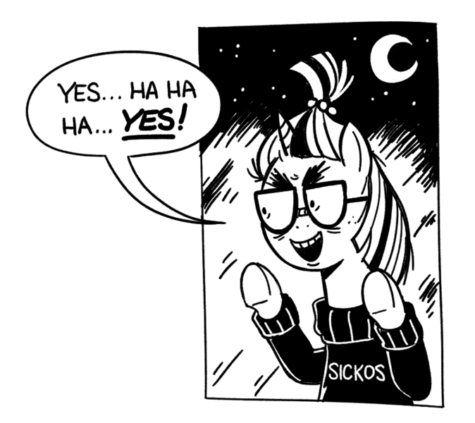 Size: 829x738 | Tagged: safe, artist:mellodillo, derpibooru import, moondancer, pony, unicorn, against glass, black and white, crescent moon, female, glass, grayscale, image, mare, meme, monochrome, moon, png, ponified meme, reaction image, simple background, solo, speech bubble, the onion, transparent background, underhoof, window