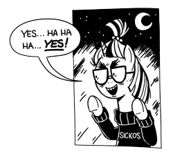 Size: 829x738 | Tagged: safe, artist:mellodillo, derpibooru import, moondancer, pony, unicorn, against glass, black and white, crescent moon, female, glass, grayscale, image, mare, meme, monochrome, moon, png, ponified meme, reaction image, simple background, solo, speech bubble, the onion, transparent background, underhoof, window