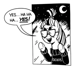 Size: 829x738 | Tagged: safe, artist:mellodillo, derpibooru import, moondancer, pony, unicorn, against glass, black and white, crescent moon, female, glass, grayscale, image, mare, meme, monochrome, moon, png, ponified meme, reaction image, simple background, solo, speech bubble, the onion, transparent background, underhoof, window