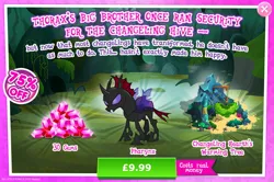 Size: 1957x1296 | Tagged: safe, derpibooru import, official, pharynx, changeling, advertisement, bush, costs real money, english, fangs, gameloft, gem, horn, image, insect wings, jpeg, male, mobile game, my little pony: magic princess, numbers, sale, solo, solo focus, text, tree, wings