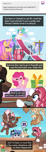 Size: 1000x3300 | Tagged: safe, artist:pink-pone, derpibooru import, pinkie pie, princess celestia, oc, oc:benji buttons, oc:charisma, oc:ginger bread, oc:jamie dodger, oc:peppermint patty, oc:rio, pegasus, pony, image, png