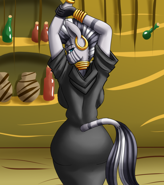 Size: 1600x1800 | Tagged: suggestive, artist:zachc, zecora, anthro, zebra, arms in the air, big breasts, bottle, bracelet, breasts, busty zecora, butt, clothes, curvy, ear piercing, earring, image, jewelry, looking at you, looking back, looking back at you, neck rings, piercing, png, raised tail, rearboob, robe, standing, stupid sexy zecora, tail, vase, zecora's hut, zecorass