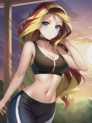 Size: 512x682 | Tagged: suggestive, derpibooru import, machine learning generated, novelai, stable diffusion, sunset shimmer, human, beautiful, belly button, breasts, bust, busty sunset shimmer, choker, clothes, hand behind back, humanized, image, jpeg, looking at you, midriff, pants, sports bra, sporty style
