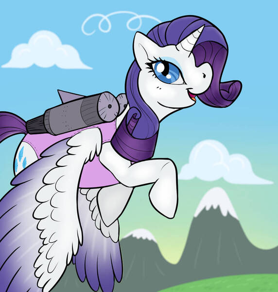 Size: 873x915 | Tagged: safe, artist:nightdreamthefool, derpibooru import, rarity, alicorn, alicornified, clothes, flying, image, jetpack, jpeg, leotard, mountain, open mouth, race swap, raricorn, sky, sky background, solo