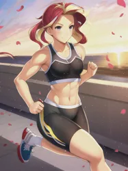 Size: 512x683 | Tagged: suggestive, derpibooru import, machine learning generated, novelai, stable diffusion, sunset shimmer, human, equestria girls, abs, clothes, female, humanized, image, jpeg, midriff, muscles, muscular female, ponytail, running, shorts, sports, sports bra, sports shorts, sporty style