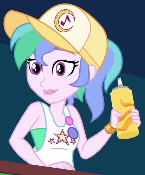 Size: 530x640 | Tagged: safe, derpibooru import, screencap, summer solstice (character), equestria girls, equestria girls series, five lines you need to stand in, spoiler:eqg series (season 2), cap, clothes, cropped, female, food, hat, image, mustard, not celestia, offscreen character, png, sauce, sleeveless, solo, vendor