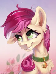 Size: 2131x2828 | Tagged: safe, artist:mithriss, derpibooru import, roseluck, earth pony, pony, bust, commission, commissioner:doom9454, cute, female, guilty, image, mare, neck fluff, pet tag, png, pony pet, rosepet, smiling, solo, teeth
