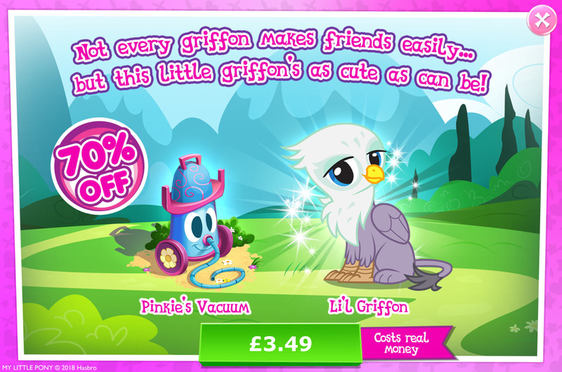 Size: 1958x1298 | Tagged: safe, derpibooru import, official, graff, gryphon, advertisement, background character, background griffon, beak, bush, chickub, costs real money, english, folded wings, gameloft, image, jpeg, li'l griffon, mobile game, my little pony: magic princess, numbers, sale, solo, solo focus, text, vacuum cleaner, wings