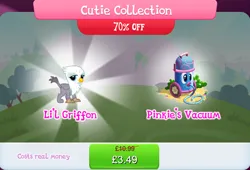 Size: 1264x857 | Tagged: safe, derpibooru import, official, graff, gryphon, background character, background griffon, beak, bundle, bush, chickub, costs real money, english, folded wings, gameloft, image, jpeg, li'l griffon, mobile game, my little pony: magic princess, numbers, sale, solo, solo focus, text, vacuum cleaner, wings