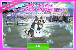 Size: 1962x1300 | Tagged: safe, derpibooru import, official, softpad, raccoon, advertisement, apron, clothes, english, female, gameloft, image, jpeg, mobile game, my little pony: magic princess, paws, solo, solo focus, text, whiskers