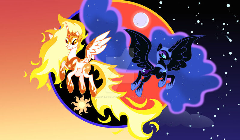 Size: 1024x599 | Tagged: safe, artist:velveagicsentryyt, derpibooru import, daybreaker, nightmare moon, pony, deviantart watermark, image, jpeg, obtrusive watermark, watermark