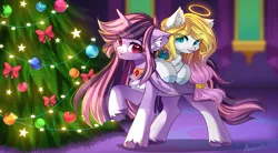 Size: 2048x1128 | Tagged: safe, artist:airiniblock, derpibooru import, oc, oc:angel light, oc:yume shine, unofficial characters only, pegasus, christmas, christmas tree, holiday, image, pegasus oc, png, rcf community, tree, wings
