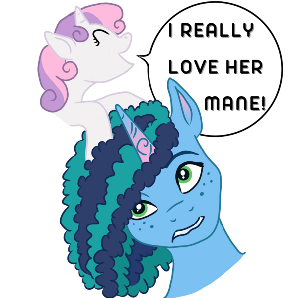 Size: 1280x1280 | Tagged: safe, artist:draconis-de-christus, derpibooru import, sweetie belle, pony, unicorn, g5, female, filly, foal, g4, i really like her mane, image, mare, misty brightdawn, png, simple background, solo, speech bubble, transparent background