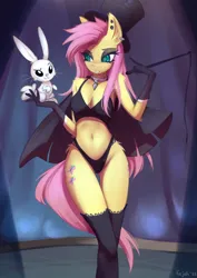 Size: 1447x2039 | Tagged: suggestive, artist:fajeh, derpibooru import, angel bunny, fluttershy, anthro, belly button, breasts, cape, clothes, dated, ear fluff, female, fluttergoth, gloves, hat, image, panties, png, reasonably sized breasts, signature, socks, stockings, tail, thigh highs, top hat, underwear, whip