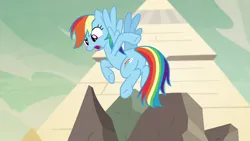 Size: 1280x720 | Tagged: safe, derpibooru import, screencap, rainbow dash, pegasus, pony, daring done?, season 7, butt, female, flying, image, mare, open mouth, png, pointing, rainbutt dash, solo, underhoof