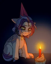 Size: 2019x2500 | Tagged: safe, artist:gunya, derpibooru import, oc, unofficial characters only, pegasus, pony, birthday, birthday candles, collar, cupcake, floppy ears, food, freckles, hat, image, jpeg, party hat, sad, solo