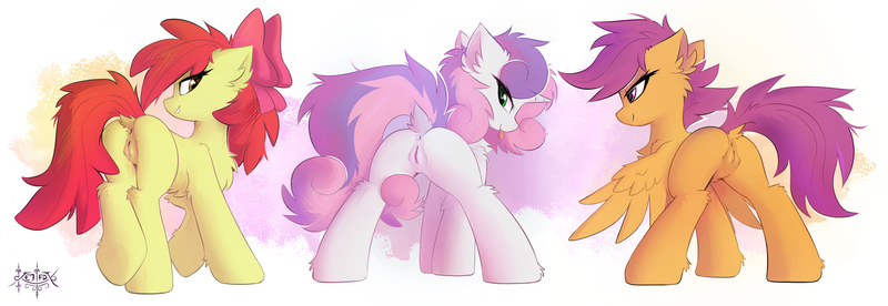 Size: 4096x1413 | Tagged: explicit, artist:kejifox, banned from derpibooru, deleted from derpibooru, edit, apple bloom, scootaloo, sweetie belle, earth pony, pegasus, pony, unicorn, :p, anus, bloom butt, butt, chest fluff, cutie mark crusaders, dock, dripping, female, filly, fluffy, foalcon, group, hock fluff, human vagina on pony, image, looking at you, looking back, looking back at you, nudity, plot, png, presenting, scootabutt, sexy, sweetie butt, tail, tongue out, underage, vaginal secretions, vulva, wingding eyes