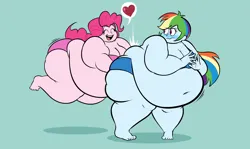 Size: 3633x2160 | Tagged: suggestive, artist:solitaryscribbles, derpibooru import, pinkie pie, rainbow dash, human, equestria girls, bbw, belly, big belly, blushing, clothes, commission, duo, duo female, fat, female, heart, high res, huge belly, image, morbidly obese, obese, piggy pie, png, pudgy pie, rainblob dash, simple background, slap, speech bubble, ssbbw, underwear