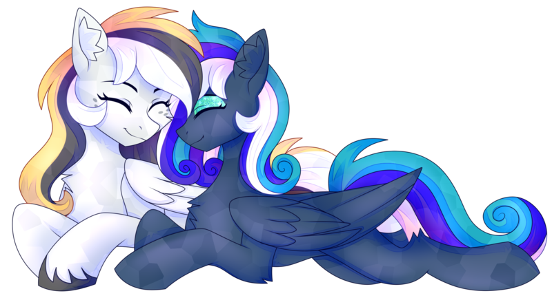 Size: 2200x1200 | Tagged: safe, artist:leah minik, derpibooru import, oc, oc:flaming dune, oc:storm cloud river's, unofficial characters only, crystal pony, pegasus, pony, derpibooru community collaboration, 2023 community collab, best friends, chest fluff, crystallized, curly mane, cute, duo, duo female, ear fluff, eyes closed, eyeshadow, female, folded wings, freckles, full body, image, leg fluff, looking at each other, looking at someone, lying down, makeup, mare, multicolored mane, multicolored tail, pegasus oc, png, simple background, slim, smiling, smiling at each other, tail, transparent background, unshorn fetlocks, wings