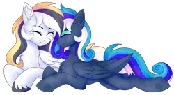 Size: 2200x1200 | Tagged: safe, artist:leah minik, derpibooru import, oc, oc:flaming dune, oc:storm cloud river's, unofficial characters only, crystal pony, pegasus, pony, derpibooru community collaboration, 2023 community collab, best friends, chest fluff, crystallized, curly mane, cute, duo, duo female, ear fluff, eyes closed, eyeshadow, female, folded wings, freckles, full body, image, leg fluff, looking at each other, looking at someone, lying down, makeup, mare, multicolored mane, multicolored tail, pegasus oc, png, simple background, slim, smiling, smiling at each other, tail, transparent background, unshorn fetlocks, wings