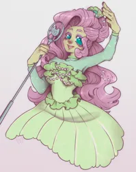 Size: 3058x3833 | Tagged: safe, artist:permafox, derpibooru import, fluttershy, human, equestria girls, clothes, dress, flowing hair, frilly dress, humanized, image, looking at you, open mouth, open smile, png, simple background, singing, smiling, solo